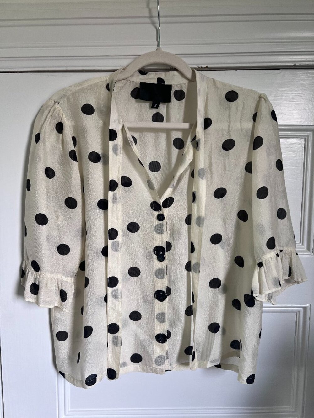 No. 6 White and Black Polka Dot Tie Neck Blouse